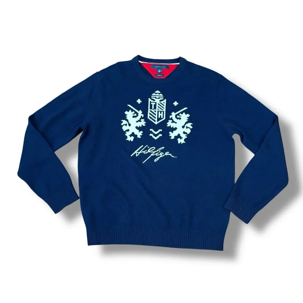 Tommy Hilfiger Men’s Size L Blue Lion Crest Crewneck Sweater - 100% Lambs Wool